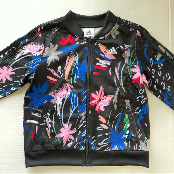 Adidas Girls Black Pink Floral Bomber Jacket - Picture 8 of 13